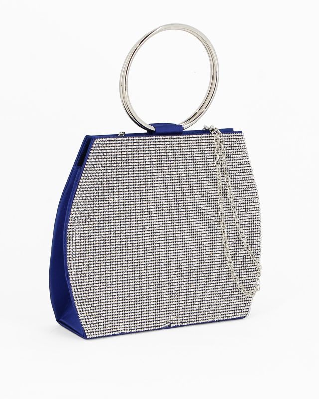 Prodotto: MISS GLOBO - POCHETTE RASO BLU CON STRASS E MANICI TONDI IN METALLO