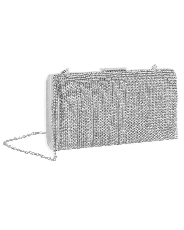 Prodotto: MISS GLOBO - Clutch argento con frange di strass fronali