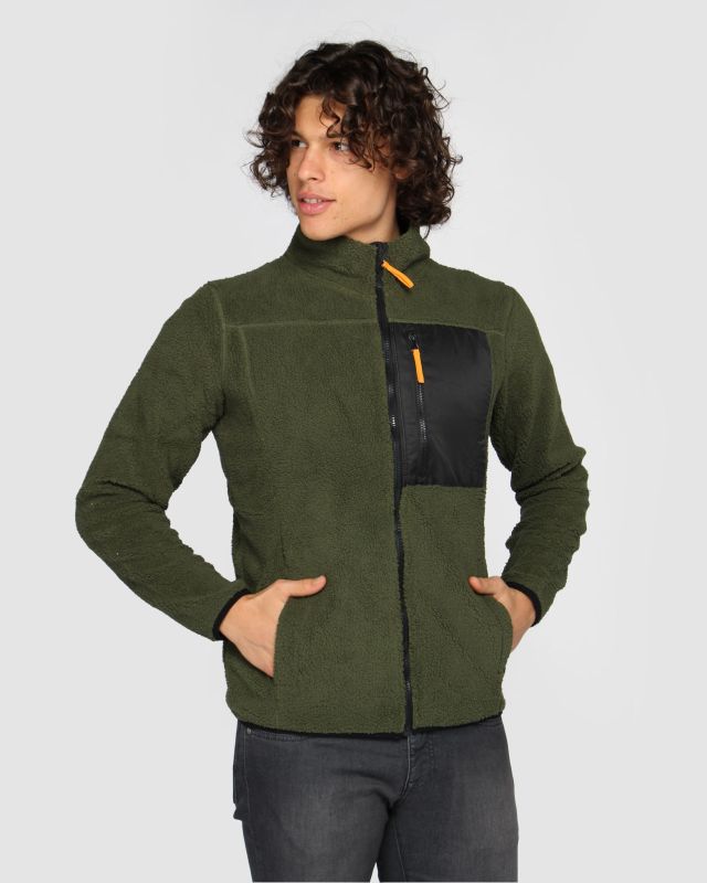 Prodotto: ON SPIRIT - Giacca sherpa da uomo verde scuro in pile con zip frontale - ANTONIO