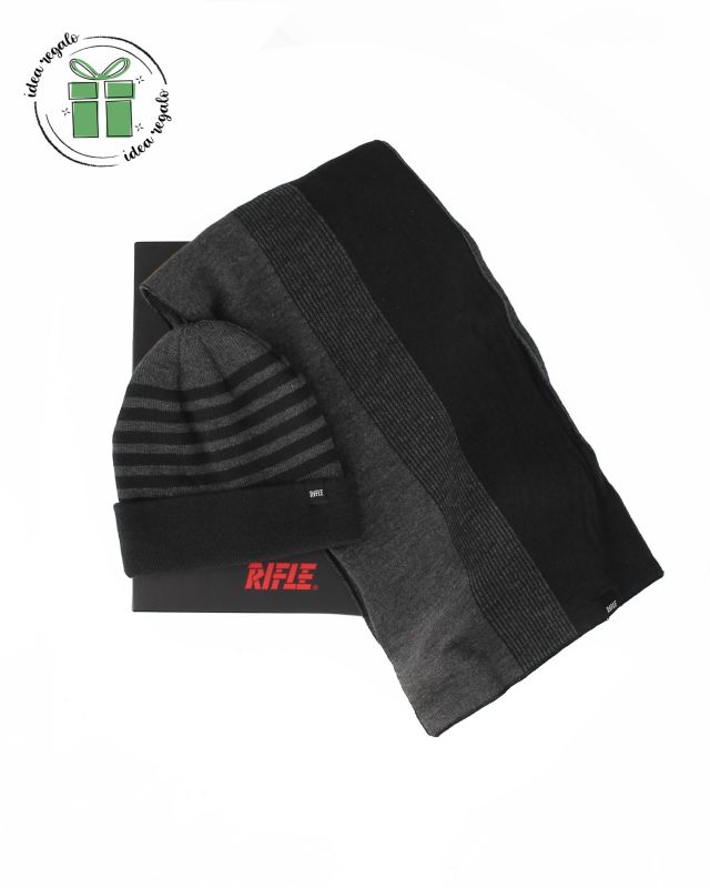 Prodotto: RIFLE - Box completo nero a righe sciarpa + cappello con risvolto