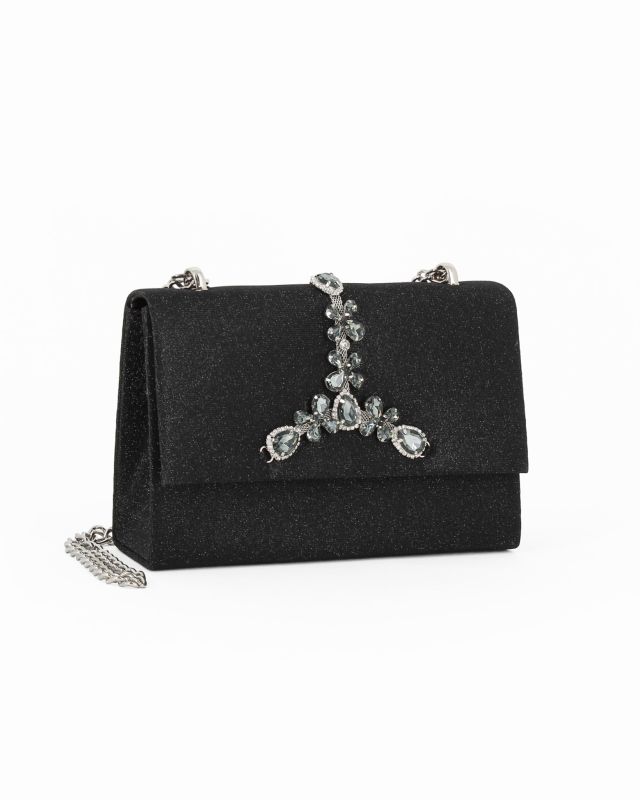 Prodotto: MISS GLOBO - Pochette nera in lurex con accessorio gioiello sulla patta