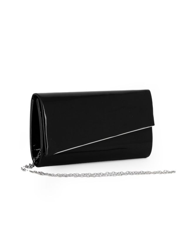 Prodotto: MISS GLOBO - Pochette nera in vernice con patta taglio diagonale