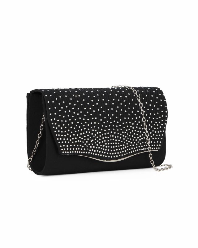 Prodotto: MISS GLOBO - Pochette nera in raso con strass sulla patta