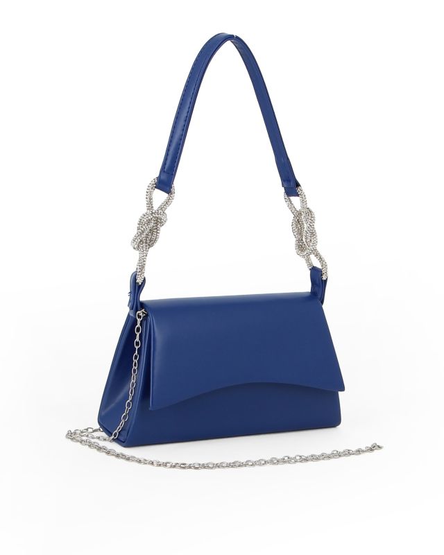 Prodotto: MISS GLOBO - Pochette blu con patta, dettaglio nodi in strass sul manico