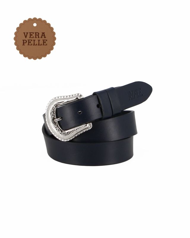 Prodotto: RIFLE - Cinta da donna blu in VERA PELLE con fibbia lavorata - MADE IN ITALY