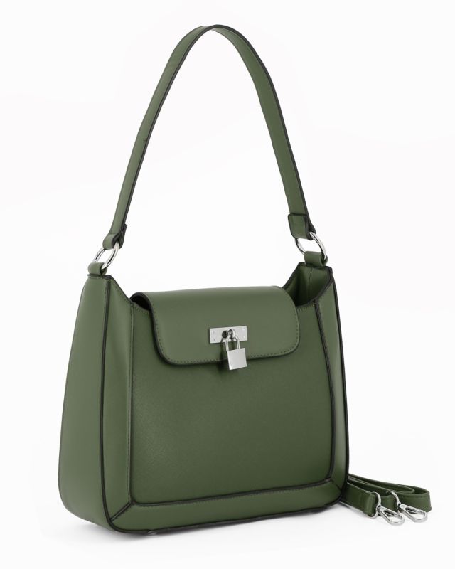 Prodotto: NARDINI - Borsa a spalla verde con tasca posteriore e pattina con dettaglio lucchetto, tracolla removibile