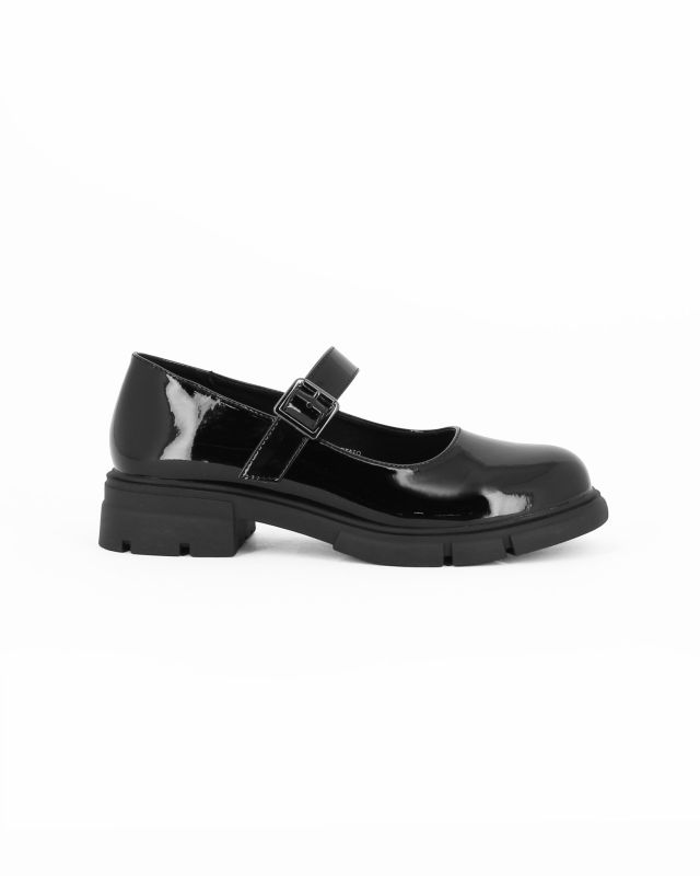 Prodotto: MISS GLOBO - Scarpa nera in vernice con cinturino frontale, tacco 3,5CM
