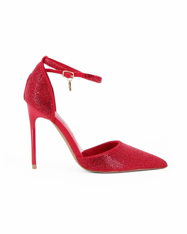 Prodotto: MISS GLOBO COUTURE - Décolleté rossa rivestita di strass con sottopiede in memory foam e cinturino alla caviglia con ciondolo MG, tacco 10CM