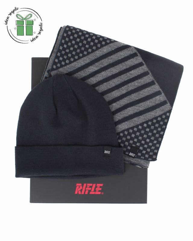 Prodotto: RIFLE - Box completo blu sciarpa + cappello con risvolto