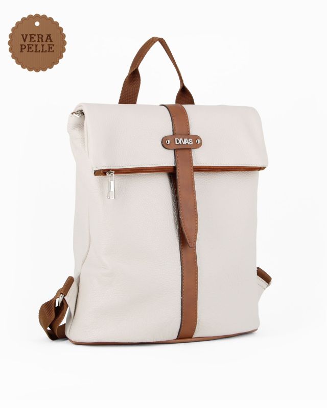 Prodotto: DIVAS - Zaino beige con finiture cuoio in VERA PELLE, MADE IN ITALY