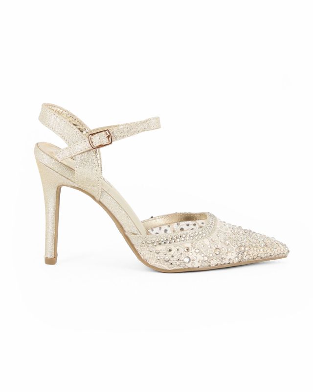 Prodotto: MISS GLOBO - Décolleté oro con punta in pizzo con strass, tacco 9,5CM