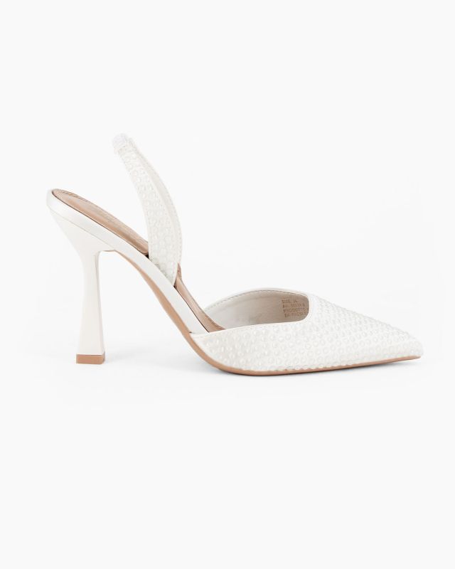 Prodotto: MISS GLOBO - Décolleté slingback bianca con strass e sottopiede in VERA PELLE memory foam, tacco 9,5CM