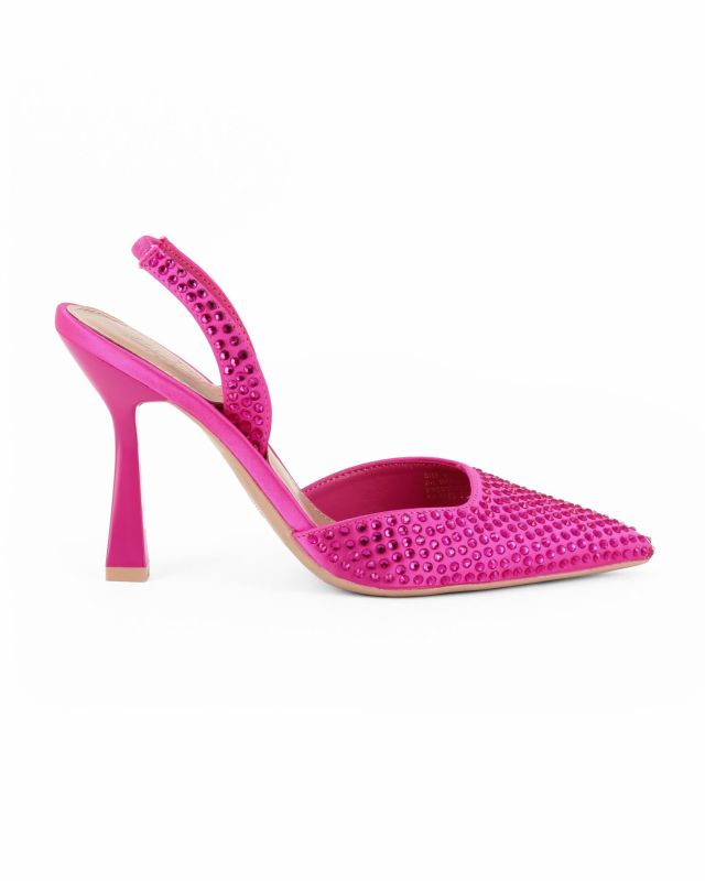 Prodotto: MISS GLOBO - Décolleté slingback fuxia con strass e sottopiede in VERA PELLE memory foam, tacco 9,5CM