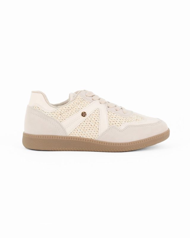 Prodotto: MISS GLOBO - Sneakers beige con lacci e inserti intrecciati effetto paglia