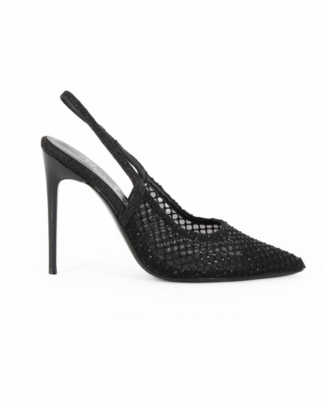 Prodotto: MISS GLOBO - Décolleté slingback nera a rete con strass, tacco 10CM