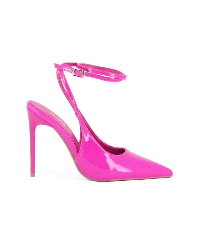 Prodotto: MISS GLOBO - Décolleté slingback fucsia fluo in vernice con cinturino alla caviglia, tacco 10CM