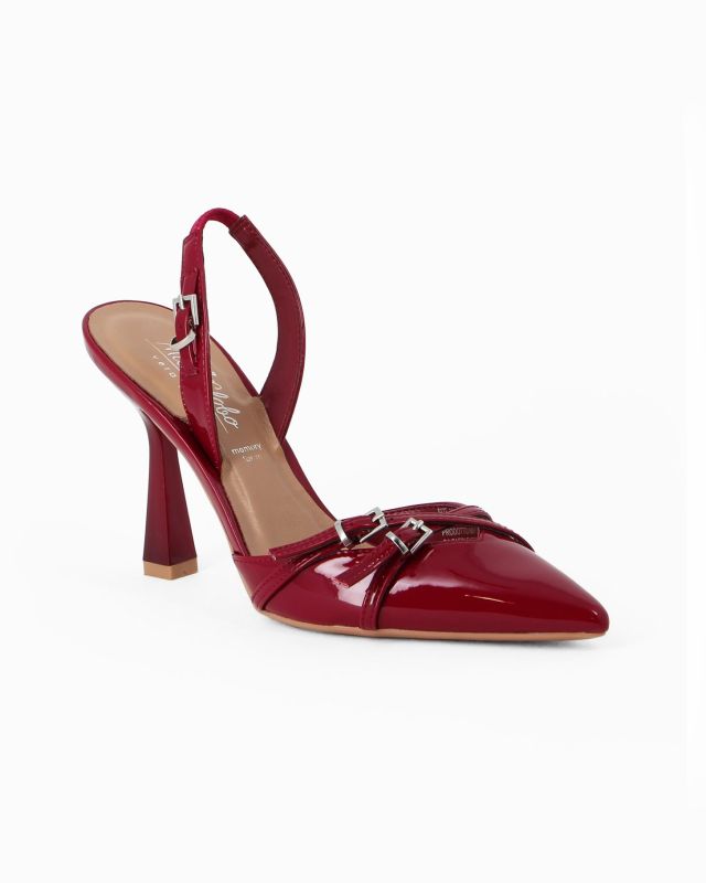 Prodotto: MISS GLOBO - Décolleté slingback rossa in vernice con sottopiede in VERA PELLE memory foam e cinturini incrociati sulla punta, tacco 9,5CM