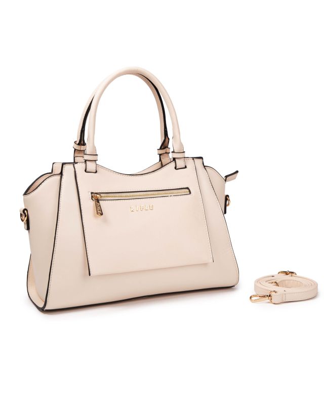Prodotto: RIFLE - Borsa a due manici beige  con tasca frontale e posteriore, tracolla removibile