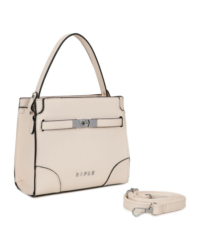 Prodotto: RIFLE - Minibag un manico beige con tasca posteriore e cinturini con chiusura a girello, tracolla removibile