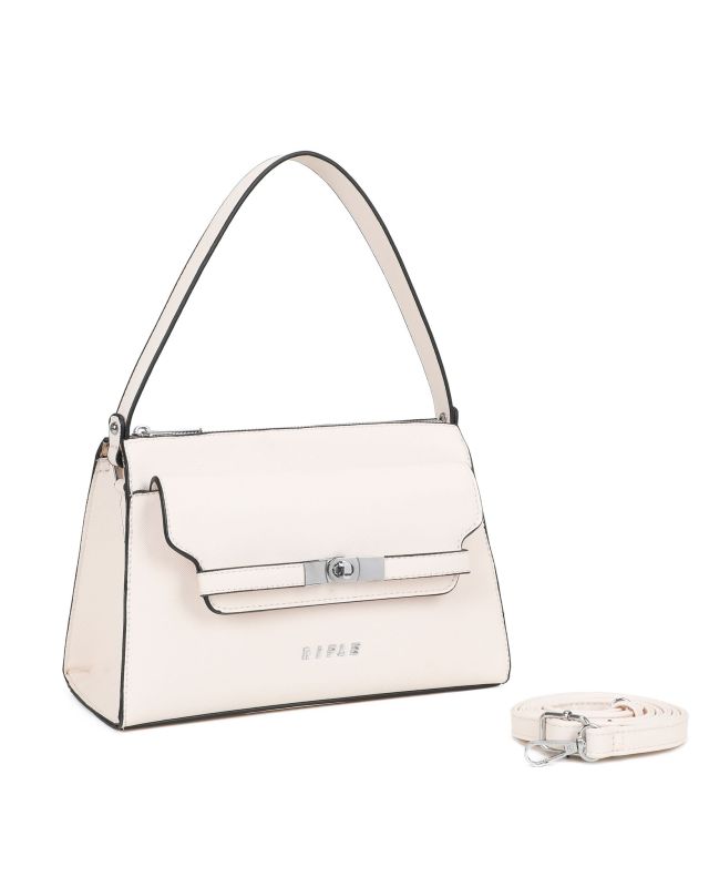 Prodotto: RIFLE - Borsa un manico beige con tasca frontale e cinturini con chiusura a girello sulla patta, tracolla removibile