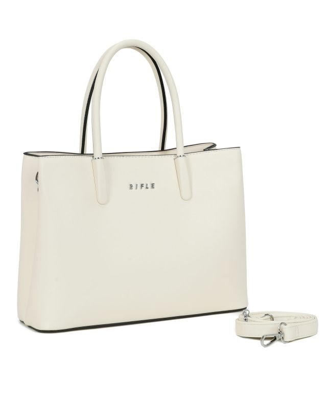 Prodotto: RIFLE - Borsa due manici beige con tre scomparti interni, tracolla removibile