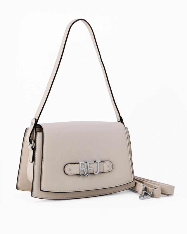 Prodotto: RIFLE - Borsa a spalla taupe con patta e tasca posteriore, tracolla removibile