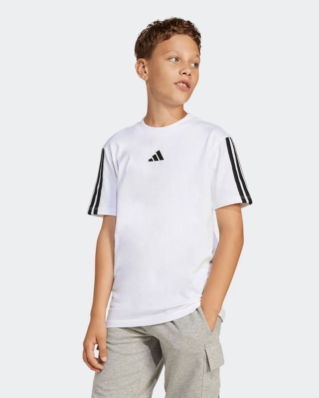 Prodotto: ADIDAS - T-SHIRT MEZZA MANICA JUNIOR BIANCA CON BANDE NERE ESSENTIALS 3-STRIPES COTTON TEE -JD6488