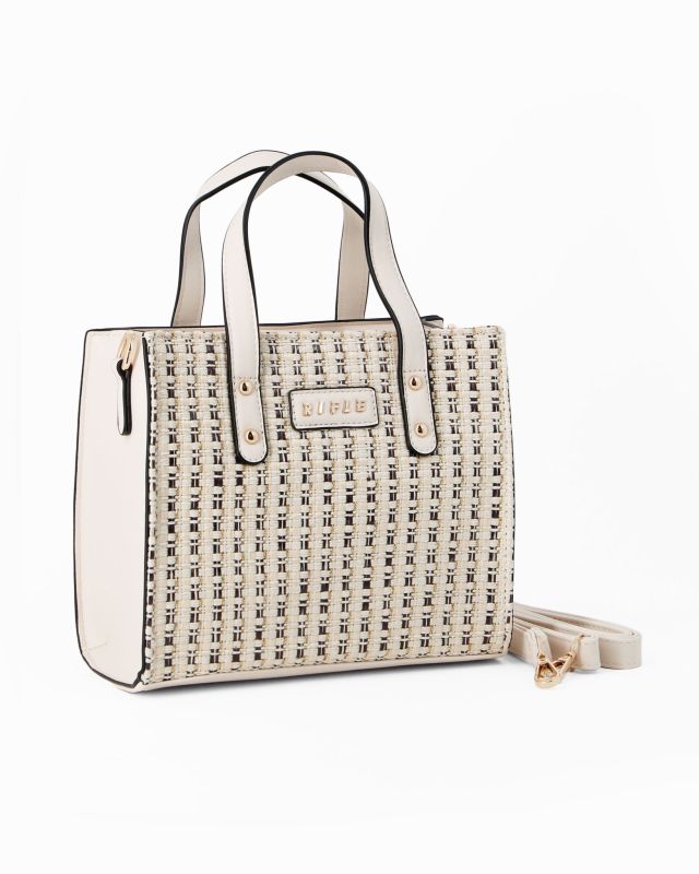 Prodotto: RIFLE - Borsa due manici beige con parte frontale intrecciata, tracolla removibile