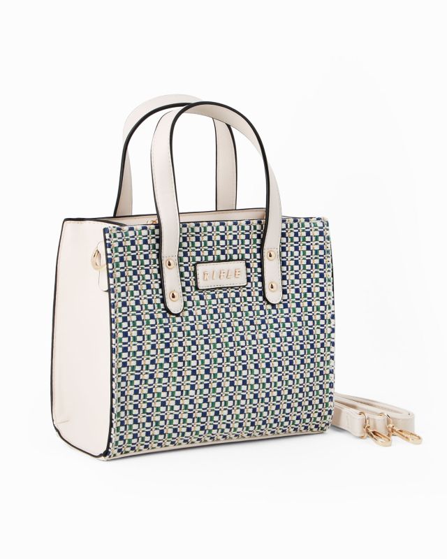 Prodotto: RIFLE - Borsa due manici blu con parte frontale intrecciata, tracolla removibile