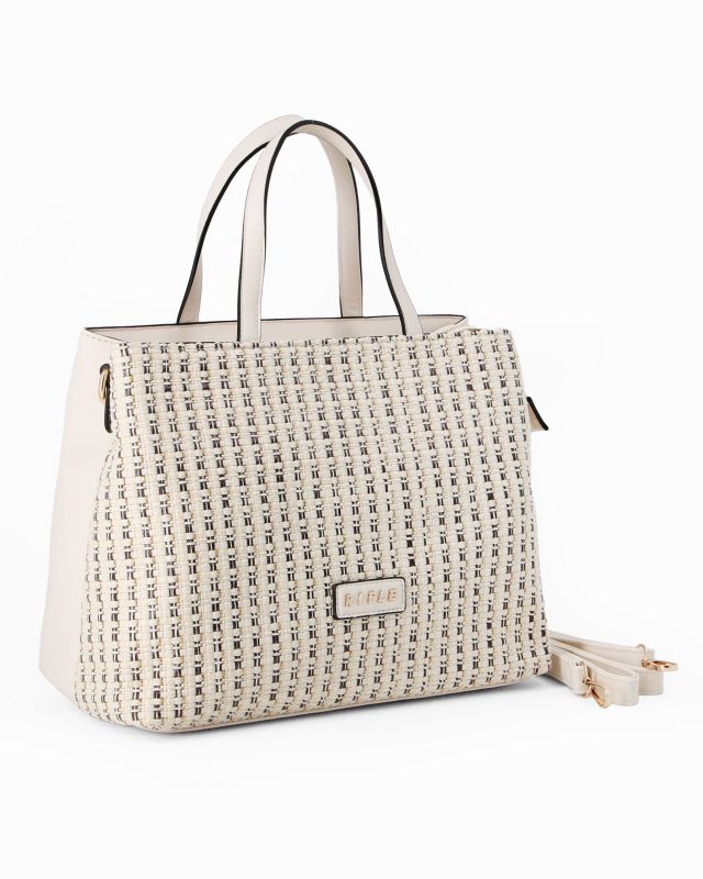 Prodotto: RIFLE - Borsa due manici beige con parte frontale intrecciata, tasca posteriore e tre scomparti interni, tracolla removibile