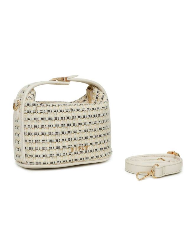 Prodotto: RIFLE - Minibag beige con chiusura a incastro sul manico e trama a intreccio, tracolla removibile