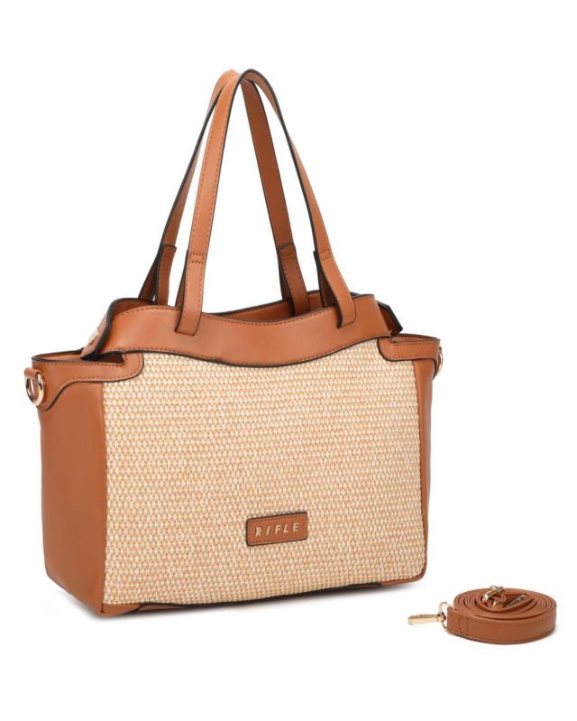 Prodotto: RIFLE - Borsa due manici beige con parte frontale in paglia, tracolla removibile