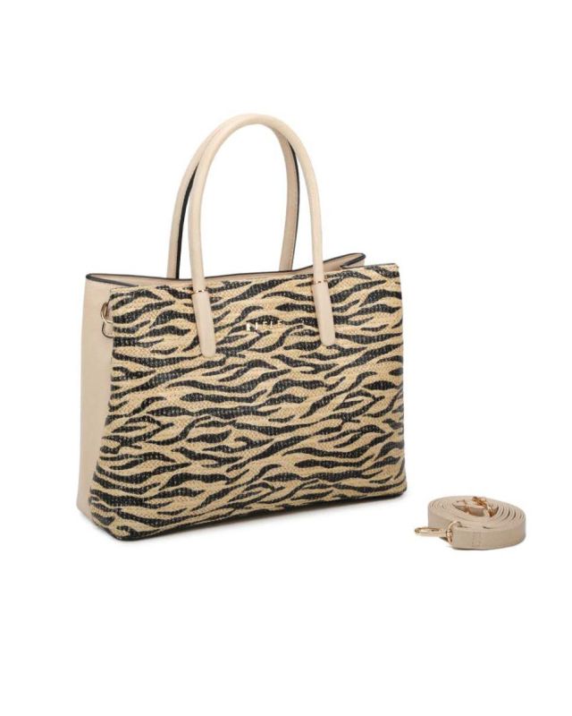 Prodotto: RIFLE - Borsa due manici beige con tre scomparti interni e trama frontale zebrata a intreccio, tracolla removibile
