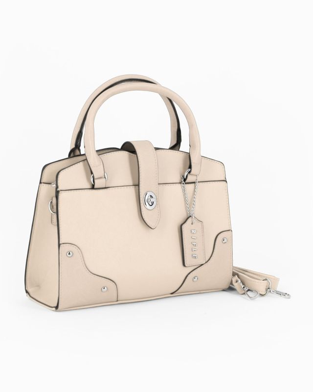 Prodotto: RIFLE - Borsa due manici beige con tasca posteriore e mini pattina con chiusura a girello, tracolla removibile