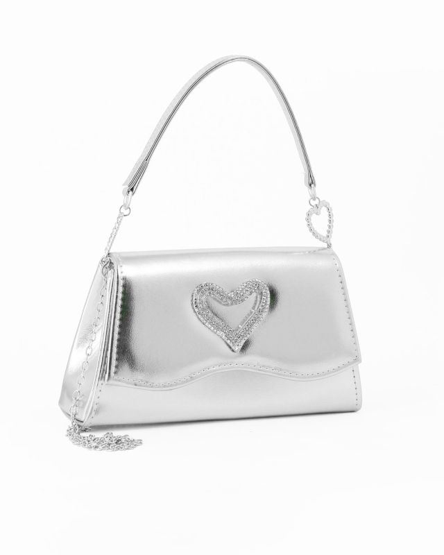 Prodotto: MISS GLOBO - Pochette argento con patta effetto onda e dettaglio cuore in strass