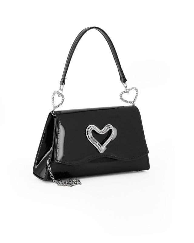 Prodotto: MISS GLOBO - Pochette nera effetto vernice con patta e dettaglio cuore in strass