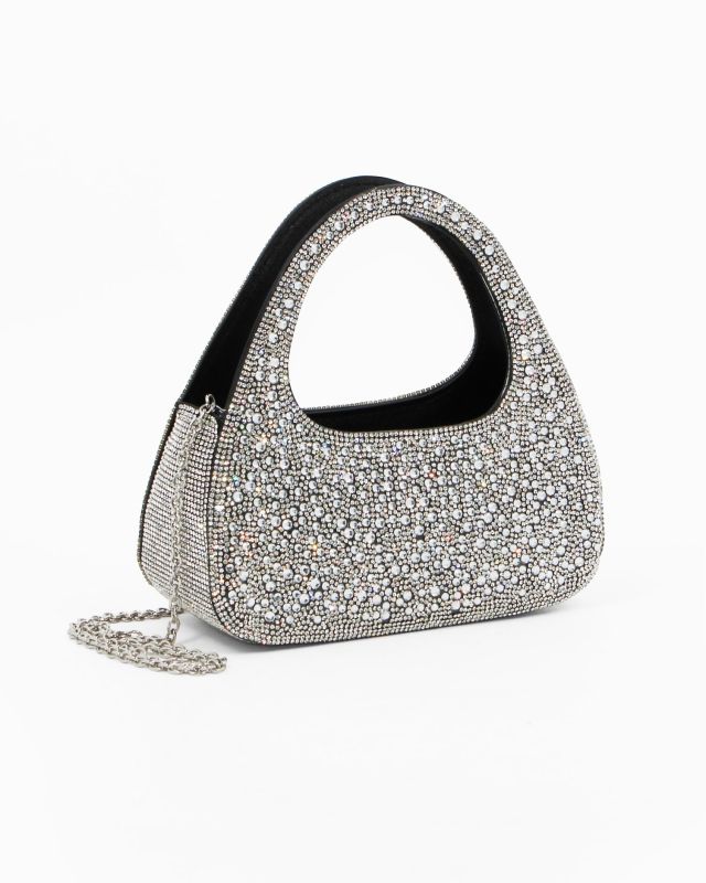 Prodotto: MISS GLOBO - Pochette nera a due manici tutta strass, tracolla removibile