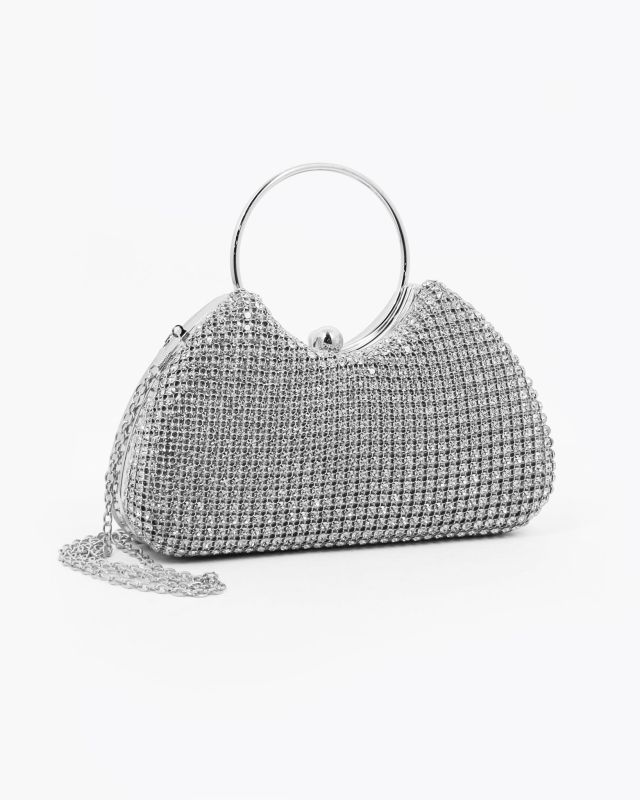 Prodotto: MISS GLOBO - Clutch ad un manico silver con parte frontale in strass, tracolla removibile