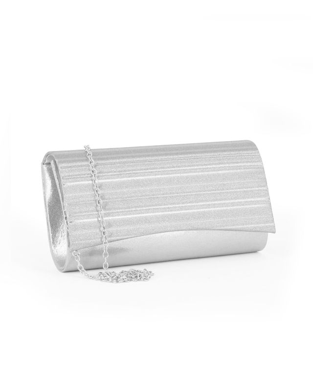 Prodotto: MISS GLOBO - Pochette in raso argento con patta effetto plissettato,  tracolla removibile