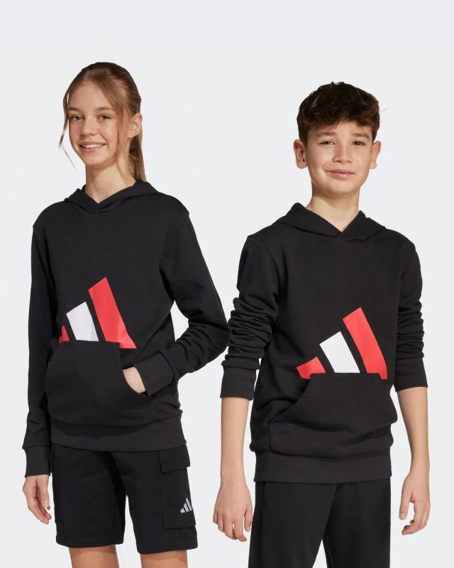Prodotto: ADIDAS - FELPA CON CAPPUCCIO  NERA CON BANDE BIANCHE E ROSSE ESSENTIALS HOODIE  -JY0301