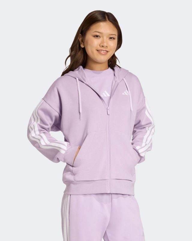 Prodotto: ADIDAS - FELPA  DONNA  FULL ZIP CON CAPPUCCIO LILLA ESSENTIALS 3- STRIPES FELPATA  -JY308