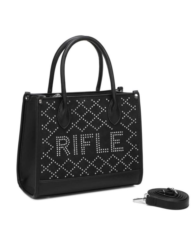 Prodotto: RIFLE - Borsa due manici nera con tasca posteriore e strass, tracolla removibile