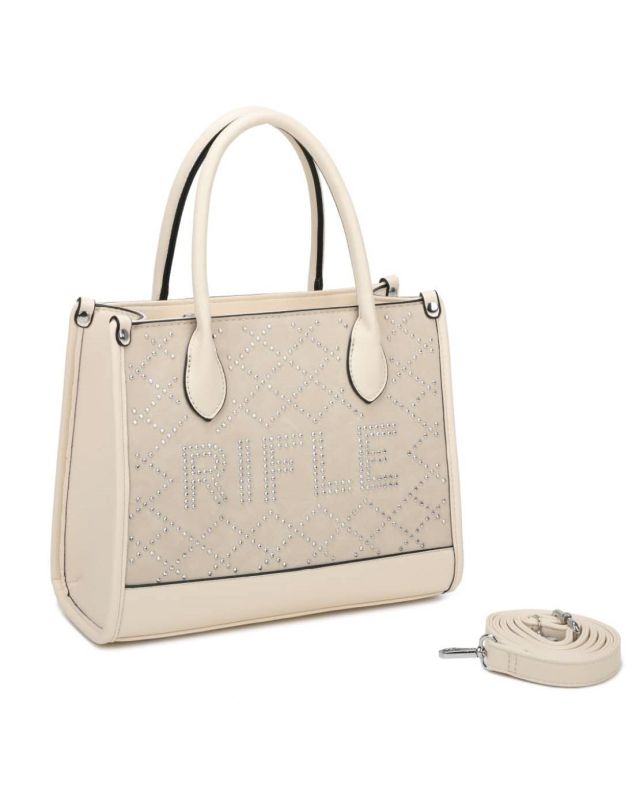 Prodotto: RIFLE - Borsa due manici beige con tasca posteriore e strass, tracolla removibile