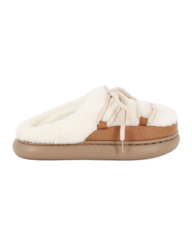 Prodotto: TIGLIO RAMBLAS - Ciabatta beige con pelliccia e lacci