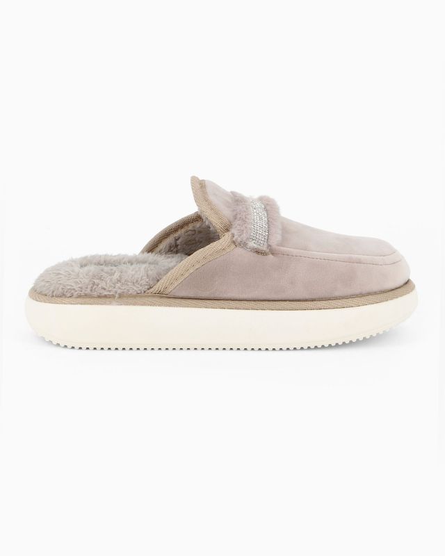 Prodotto: TIGLIO RAMBLAS - Pantofola beige da donna con pelliccia interna e cinturino con strass