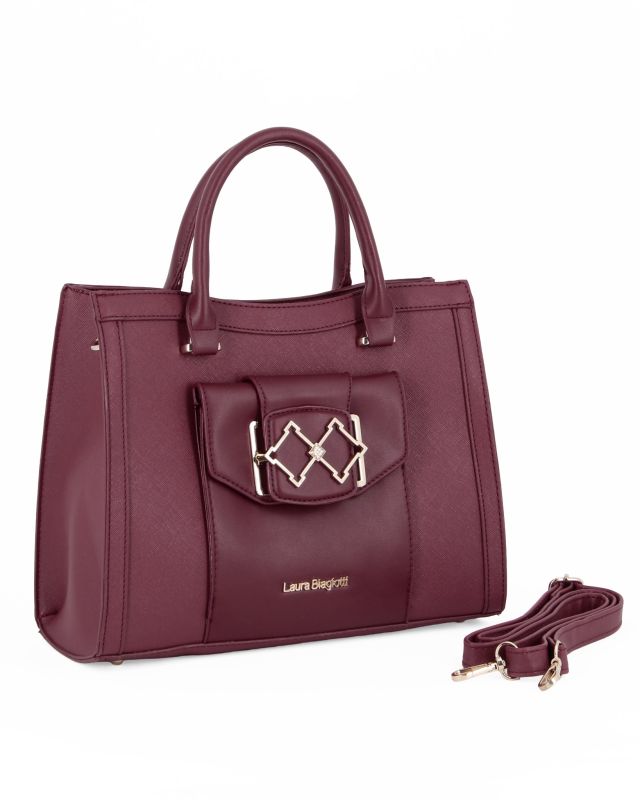 Prodotto: LAURA BIAGIOTTI - Borsa a due manici bordeaux con  tasca frontale con patta, tracolla removibile