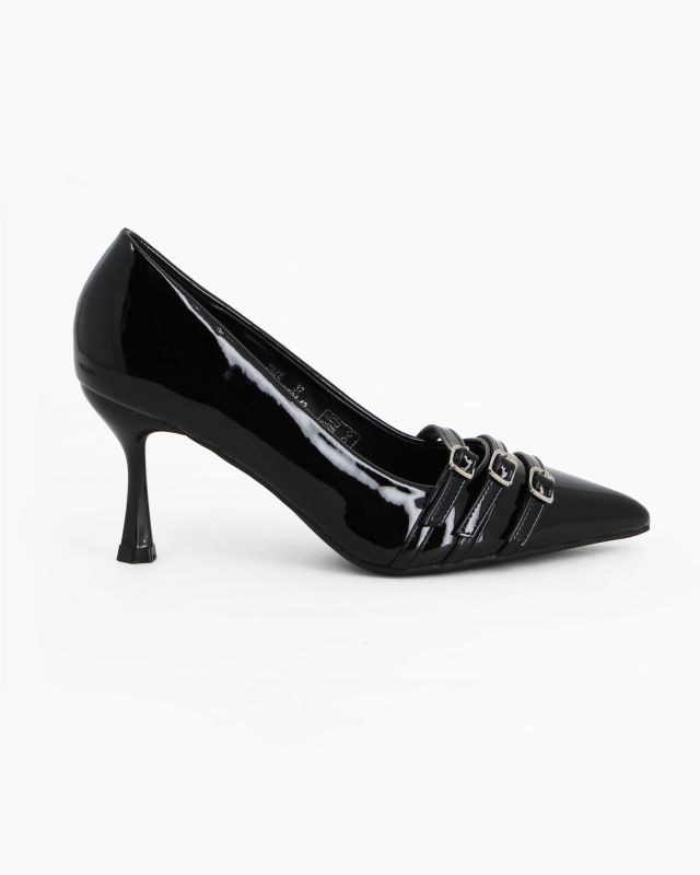 Prodotto: MY JEWELS - Décolleté nera in vernice con tre cinturini sulla punta, tacco 7,5CM