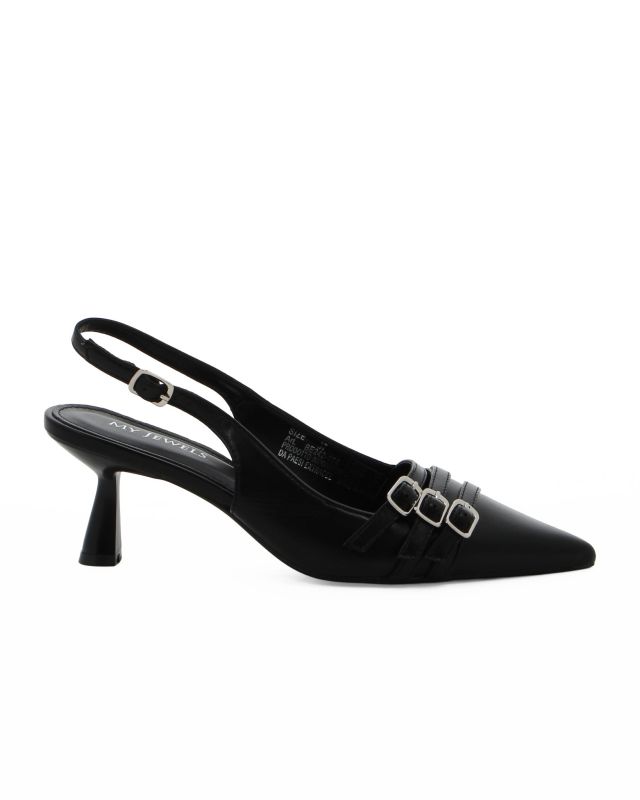 Prodotto: MY JEWELS - Décolleté slingback nera con tre cinturini sulla punta, tacco 6CM
