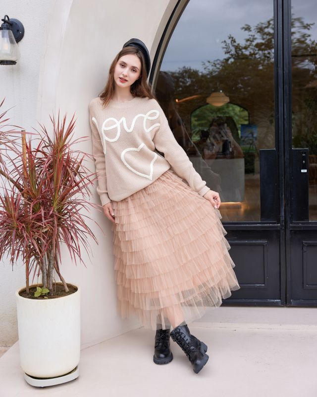 Prodotto: BACHATA - Gonna lunga in tulle a balze taupe con elastico in vita