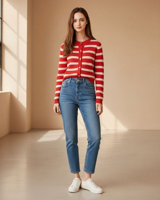 Prodotto: BACHATA - Cardigan manica lunga rossa a righe beige da donna
